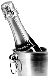 Bottle of champagne in cooler over white (with easy removable sample text)