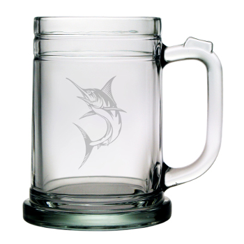 Marlin Tankard Beer Mugs, 15Oz,  Etched Glass Beer Mug Set