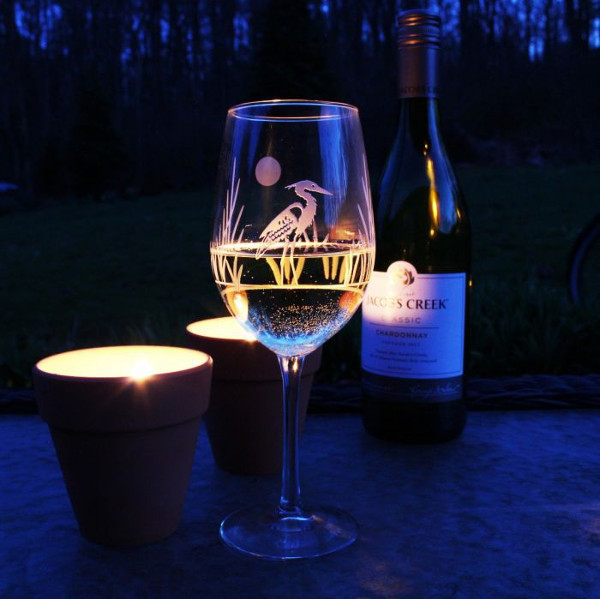 Etched Heron Wine Glass Goblets (set of 4)