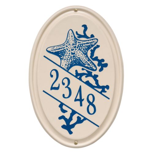 Personalized Star Fish Ceramic Oval Plaque, Bristol Plaque With Dark Blue Etching