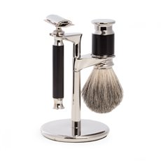 Safety Razor and Pure Badger Brush on Chrome Stand with Black Accent