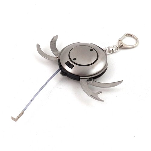 Multifunctional Brushed Stainless Steel Key Ring with LED light, 3' Tape Measure, Foil Cutter, File and Screwdriver, Bottle Opener and Knife