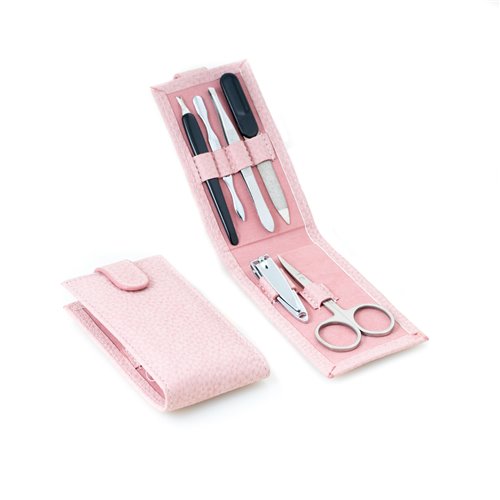 6 Piece Manicure Set with Cuticle Trimmer and Cleaner, Small Nail Clipper, Scissors, File and Tweezers in Lite Light Pink Case with Snap Closure