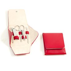 5 Piece Manicure Set with Cuticle Cleaner, Small Nail Clipper, Scissors, File and Knife Tool and Tweezers in Red Leather Case