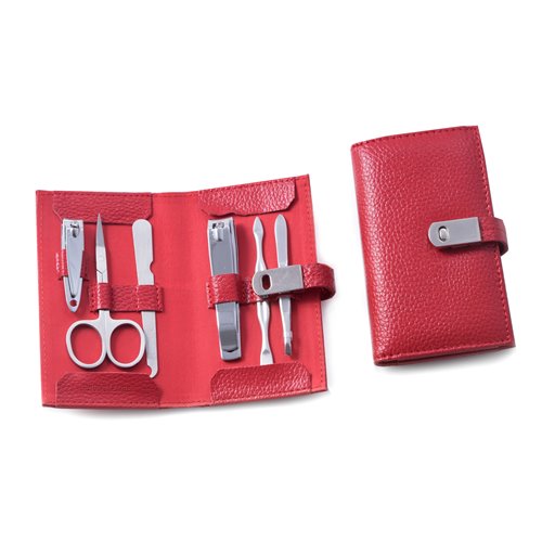 6 Piece Manicure Set with Cuticle Cleaner, Small and Large Nail Clippers, Scissors, File and Tweezers in Red Leather Case