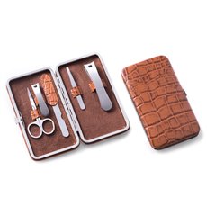 5 Piece Manicure Set with Small and Large Clippers, File, Tweezers and Scissors in Brown Leather with Croco Pattern Case