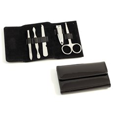 5 Piece Manicure Set with Tweezers, Cuticle Cleaner, File, Small Clipper and Scissor in Black Leather