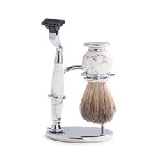 Mach 3 Razor and Pure Badger Brush on Chrome with White Stone Stand