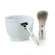 Chrome Plated Mach 3 Razor and Badger Brush with a White Porcelain Soap Dish