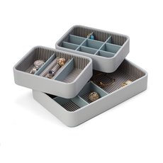 Light Blue Leatherette Open Face Stackable Jewelry Organizer with Multi Compartments, Including Slots for Rings