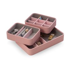 Pink Leatherette Open Face Stackable Jewelry Organizer with Multi Compartments, Including Slots for Rings