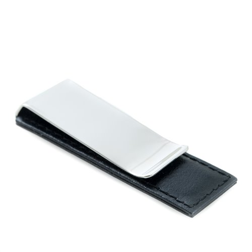 Chrome Plated Money Clip with Black Leather Accent