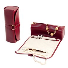 Red Leather Jewelry Roll with Compartments for Watches or Bracelets, Straps for Hanging Necklaces and Rings or Earrings Strap with Magnetic Clasp