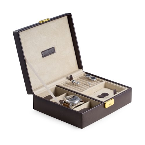 Brown Leather 4 Watch Case and Valet with Removable Tray and Locking Clasp Velour Lined