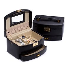 Black Leather 2 Level Jewelry Case with Drawer and Mirror Locking Clasp