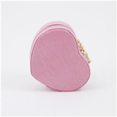 Pink Lizard Leather Small Heart Shaped Jewelry Box with Mirror and Zippered Closure