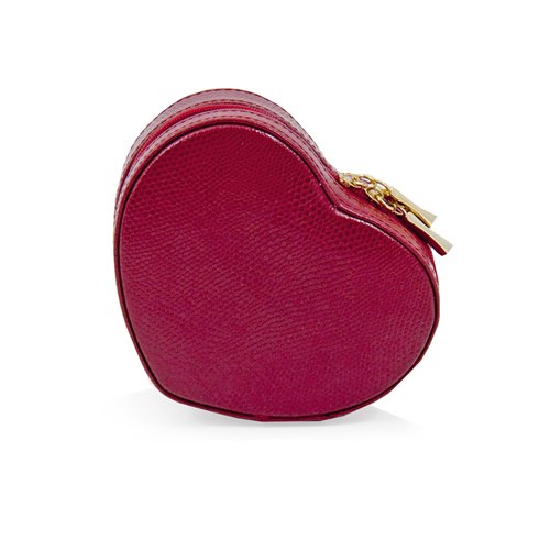Red Lizard Leather Small Heart Shaped Jewelry Box with Mirror and Zippered Closure