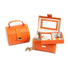 Orange Leather Jewelry Case with Removable Tray, Mirror and Push Button Closure