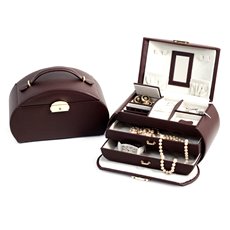 Brown Leather 3 Level Jewelry Box with 2 Drawers, Mirror and a Locking Clasp
