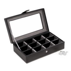 Black Leather 12 Cufflink Box with Glass Top, Snap Closure and Velour Lined