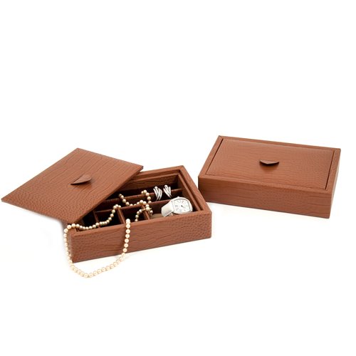 Brown Croco Leather Valet Tray with Multi Compartments and Lid