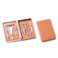 10 Pieces Manicure Set in Tan Leather Case with Small Clippers, Cuticle Cleaner, Nose and Cuticle Scissors, File, Tweezers, Collar Stays, Shoe Horn, Small Screwdriver and Multi Tool / Knife Set