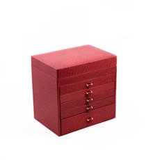 Red Ostrich Leather Jewelry Chest with Removable Travel Case, 5 Drawers and Top Tray with Mirror
