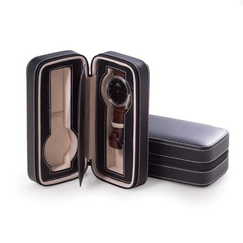 Black Leather Two Watch Travel Case with Form Fit Compartments, Center Divider to Prevent Watches from Touching and Zipper Closure