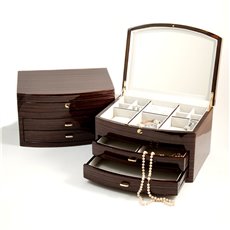 Lacquered Ebony Zebra Wood Jewelry Box with Multi Compartments, 2 Drawers, Mirror and Push Button Lock