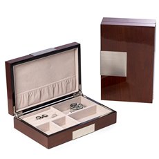 Lacquered Natural Walnut Wood Valet Box with Stainless Steel Accents and Multi Compartments Storage