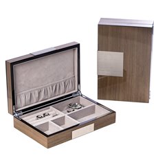 Lacquered Silver Walnut Wood Valet Box with Stainless Steel Accents and Multi Compartments Storage