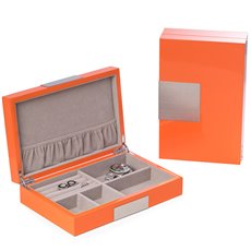 Lacquered Orange Wood Valet Box with Stainless Steel Accents and Multi Compartments Storage