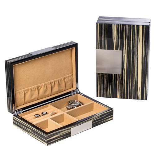 Lacquered Norwegian Zebra Wood Valet Box with Stainless Steel Accents and Multi Compartments Storage
