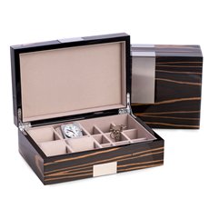 Lacquered Ebony Burl Wood Valet Box with Stainless Steel Accents for 4 Watches and 9 Cufflink