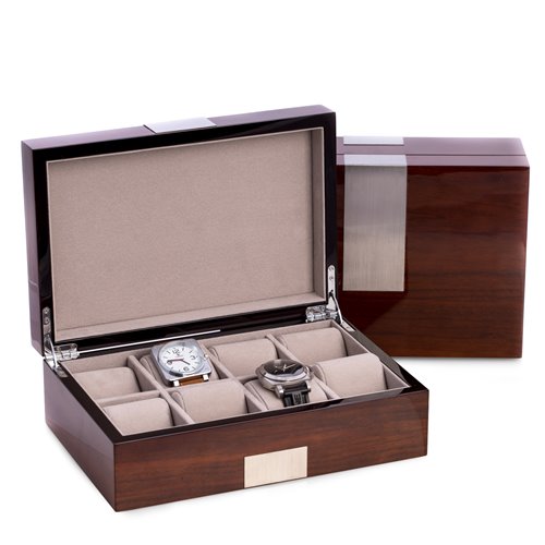Lacquered Walnut Wood 8 Watch Box with Stainless Steel Accents