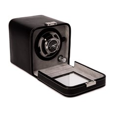 Black Leather Single Watch Winder With See-thru Glass Door and Locking Clasp