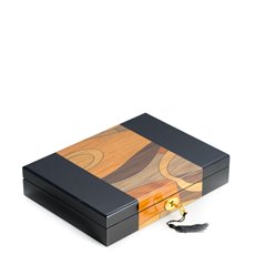 Black Lacquered Wooden Box with 15 Divided Sections, Scratch Resistant Velour Lining, Gold Accents, Locking Clasp and Swirl Design Top