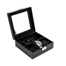 Black Leather Watch and Accessory Case with Glass Top and Locking Clasp
