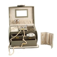 Olive Leather 3 Level Jewelry Box with 3 Drawers, Travel Roll, Mirror and Secured Closure