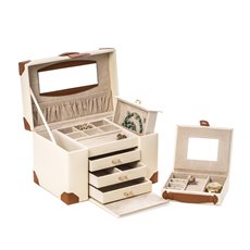 Ivory Leather 4 Level Multi Compartment Jewelry Box with 3 Drawers, Removable Travel Case, Mirror and Snap Closure