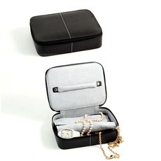 Black Leather Multi Compartment Jewelry Box with Zippered Closure