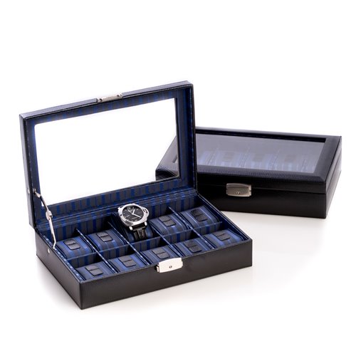Black Leather 10 Watch Case with Glass Top and Locking Clasp