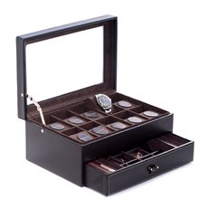 Black Pebbled Leather 10 Watch Case with Glass See-thru Top and Drawer for Cufflinks and Pens