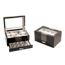 Lacquered Wenge Wood 8 Watch Box with Glass Top, Drawer for Cufflinks and Pens