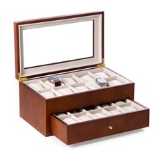 Cherry Wood 20 Watch Box with Glass Top and Drawer, Velour Lining and Pillows