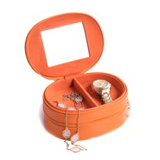 Orange Lizard Leather Two Level Jewelry Case with Mirror, Zipper Closures and Soft Velour lined