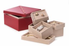Studded Red Leather Two Level Jewelry Box with Removable Individual Trays