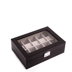 Lacquered Steel Gray Wood 10 Watch Case with See-thru Glass Top, Soft Velour Lined, Locking Clasp and Silver Accents