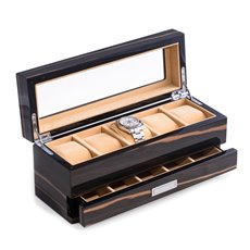 Lacquered Ebony Wood 5 Watch Box with Glass Top and 5 Compartment Accessory Drawer and Chrome Accents