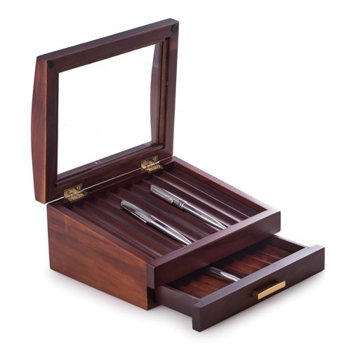 Walnut Wood 19 Pen Box with Glass See-thru Top, Drawer and Gold Accents
